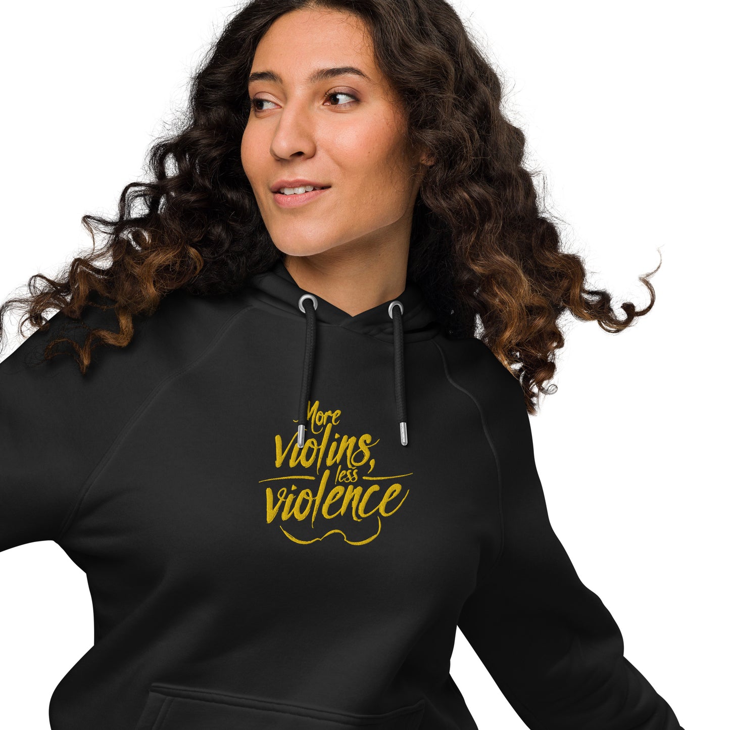 The Trouble Notes "More Violins / Less Violence" GOLD (Embroidered) Unisex Eco Raglan Hoodie