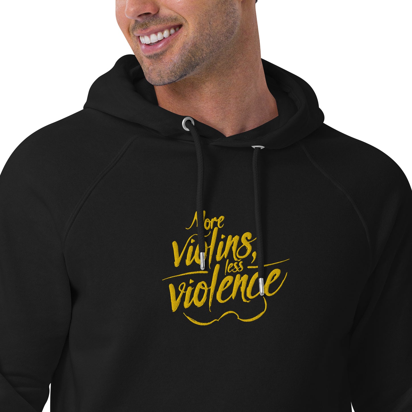 The Trouble Notes "More Violins / Less Violence" GOLD (Embroidered) Unisex Eco Raglan Hoodie